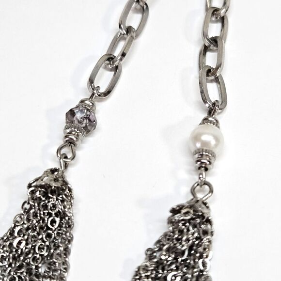 VINTAGE Premier Designs Silver Tone Beaded Tassel Long Chain Necklace - Picture 4 of 9